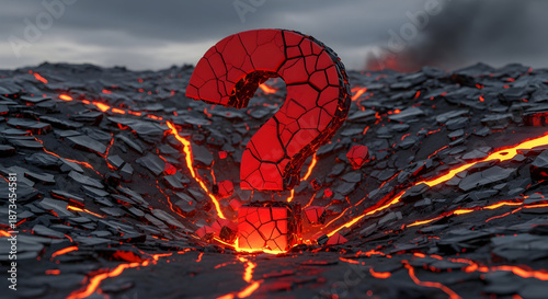 Cracked Question Mark Emerging from Fiery Volcanic Landscape.