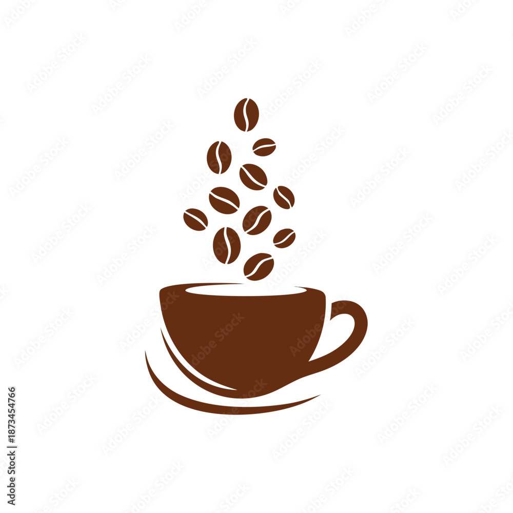 Obraz premium Brown coffee cup with scattered coffee beans floating above, ideal for coffee shop branding, menu design, and caffeinated product packaging.