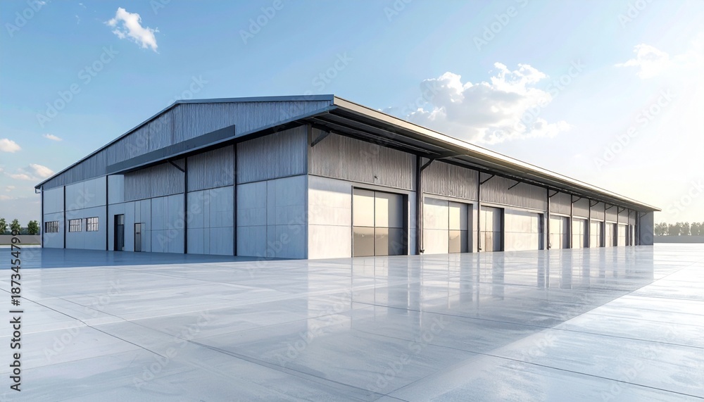 Obraz premium Exterior of a factory or warehouse in an industrial estate, showing walls and roof with copy space. Clean, modern industrial architecture with realistic metal and concrete textures.