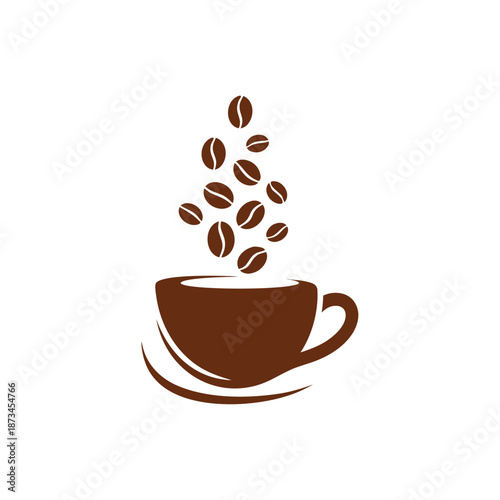 Brown coffee cup with scattered coffee beans floating above, ideal for coffee shop branding, menu design, and caffeinated product packaging.