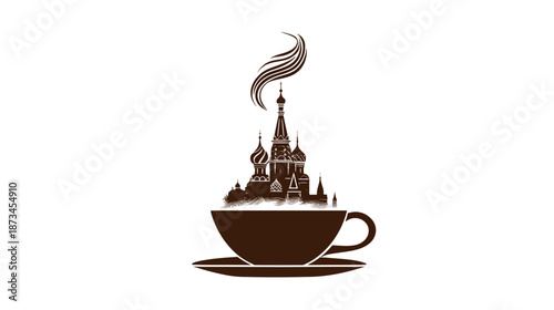 Creative coffee cup graphic with majestic architectural silhouette and steam, symbolizing travel, culture, and hot beverages.
