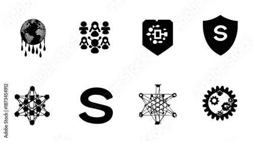 Abstract digital concept icons set: global environment, social network, data security, AI, technology, system process graphics