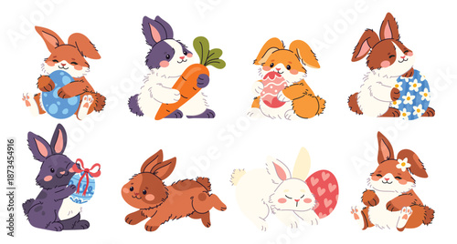 Set of cute different rabbits. Happy and funny bunnies  with Easter egg, carrot, flowers. Holiday animal cartoon character. Flat isolated vector illustration on white background. Spring collection 