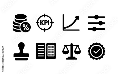 Collection of business and finance icons representing growth, targets, and legal matters