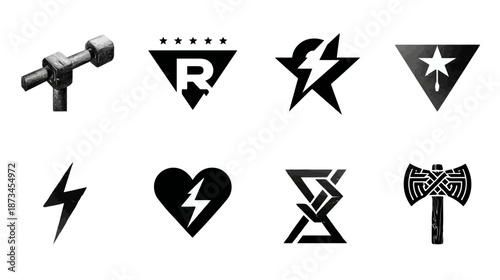 Dynamic monochrome graphic icon set featuring fitness dumbbell, electric lightning bolts, heart symbol, star emblems, and intricate abstract shapes.