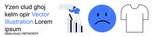 Technology, emotions, e-commerce, business trends, design concepts, creativity. Person on bar graph with a search icon, sad blue face icon and basic t-shirt outline. Technology and emotions concept