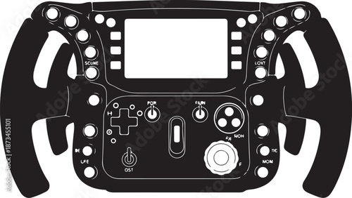 Detailed black and white graphic illustration of a modern Formula 1 racing simulation steering wheel control panel