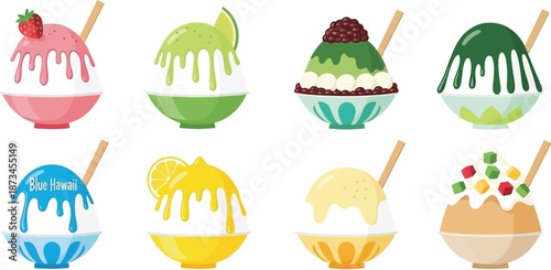 Collection of colorful Asian shaved ice desserts known as bingsoo or kakigori illustrating sweet summer refreshment