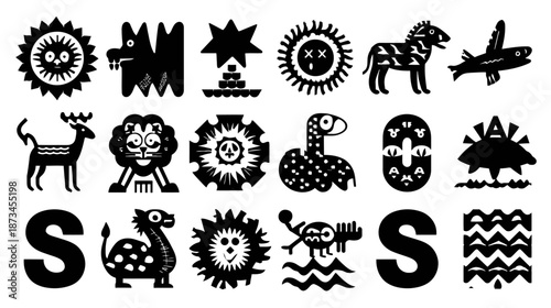 Graphic collection of stylized black and white animals, suns, and abstract symbols in a primitive folk art style