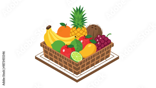 Colorful basket of fresh fruits in isometric style on white background
