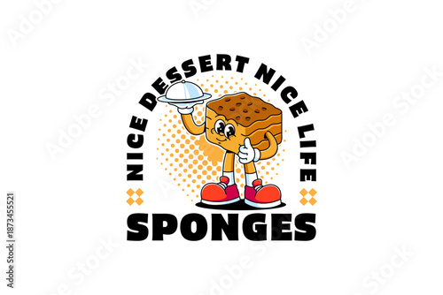 Retro groovy with Sponge cake dessert mascot. Funny retro cartoon Layered fluffy cake square character standing, holding tray and thumb up hand for cafes and culinary merchandise. Vector Illustration