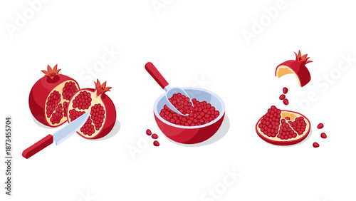 Fresh pomegranate slices and seeds with kitchenware in isometric design