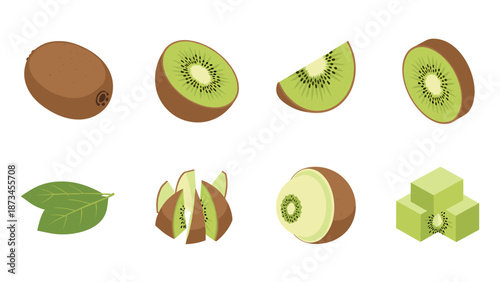 Fresh kiwi slices and whole fruit collection in flat design