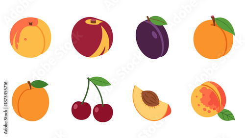 Colorful assorted fruits with peach, plum, and cherry in flat design