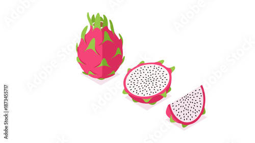 Colorful dragon fruit in isometric design with sliced view