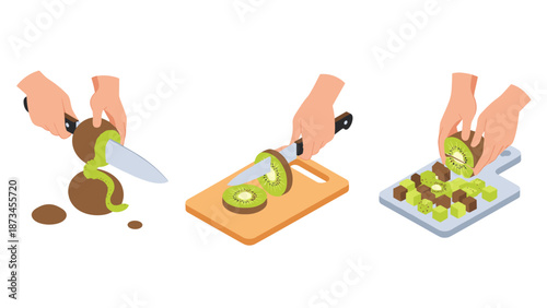 Step by step guide to cutting kiwi: hands and knife on cutting board