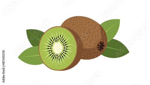 Flat style kiwi with leaves on white background