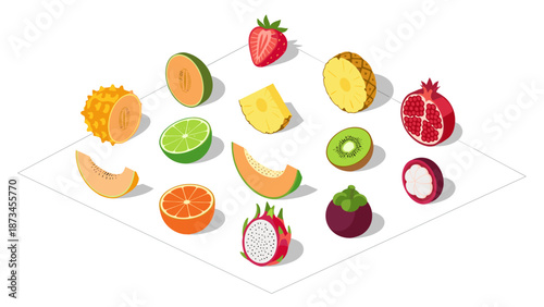 Isometric tropical and citrus fruits arrangement on white background