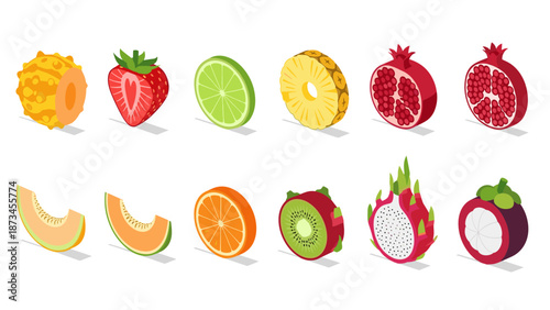 Colorful assorted fruit slices in trendy isometric design on white background