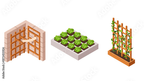 Isometric garden structures: trellis, raised bed, and vertical gardening solutions