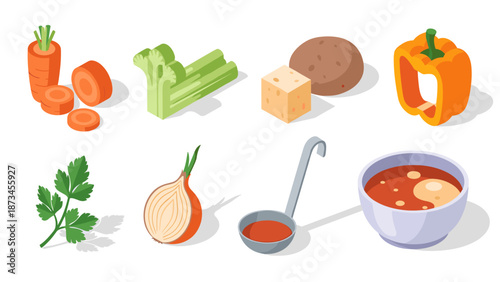 Isometric vegetables and soup ingredients on white background