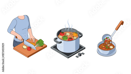 Isometric cooking process: chopping vegetables, boiling soup, serving stew