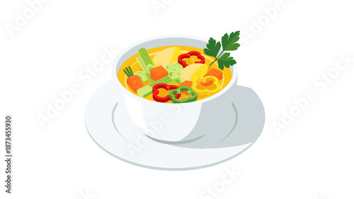 Colorful vegetable soup in white bowl on plate with parsley garnish