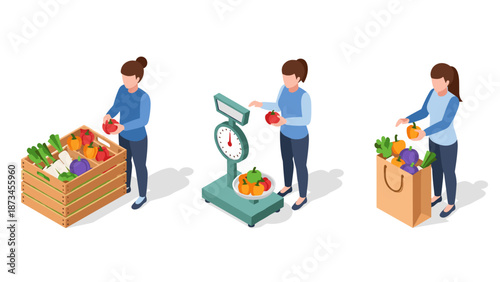Isometric shopping: woman choosing, weighing, and bagging fresh vegetables