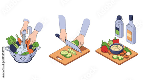 Isometric kitchen prep: washing vegetables, slicing cucumbers, and assembling fresh salad
