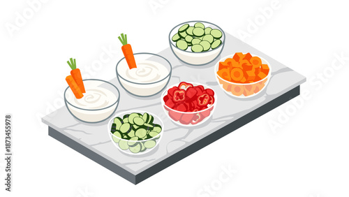 Fresh vegetable platter with dips on marble surface in isometric style