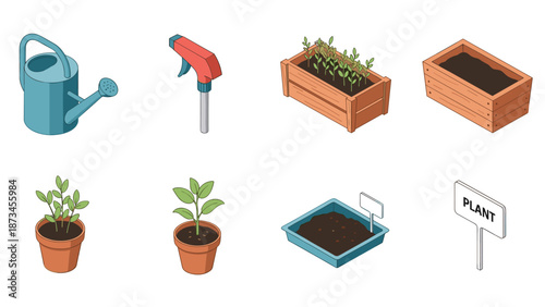 Isometric gardening tools and plants collection for urban gardeners
