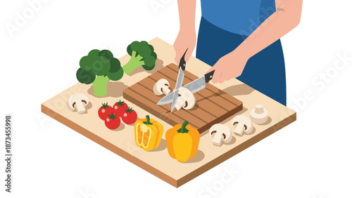 Person prepares vegetables on cutting board with fresh ingredients for cooking
