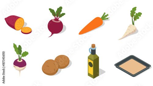 Isometric root vegetables with olive oil and baking tray