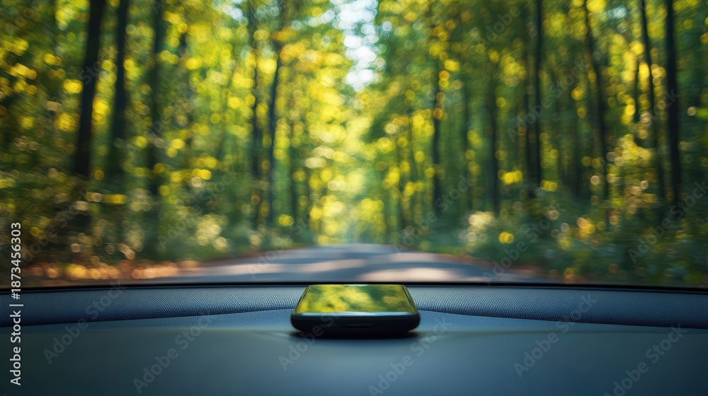 Fototapeta premium Smartphone on car dashboard with forest background 