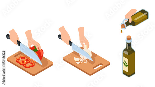 Isometric cooking preparation: chopping vegetables and pouring olive oil