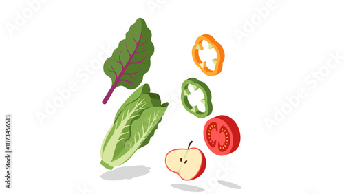 Colorful fresh vegetables and fruits floating in mid-air on white background