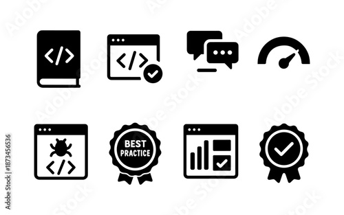 Collection of software development and quality assurance icons for digital projects
