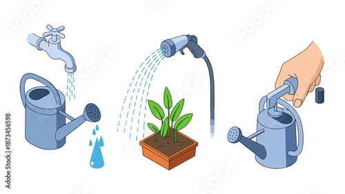 Watering essentials illustrated: tap, hose, and watering can for gardening