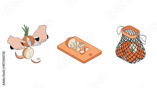 Isometric onion preparation: slicing, chopping, and storing in net bag