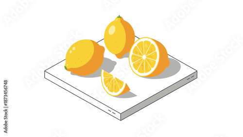 Fresh lemons on cutting board in isometric style for kitchen decor and design