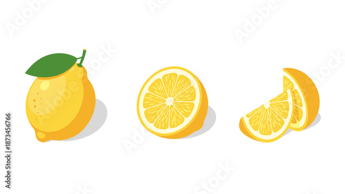Fresh lemon set: whole, sliced, and quartered citrus illustrations