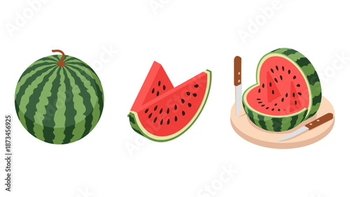 Fresh watermelon set: whole, sliced, and halved with knives on cutting board