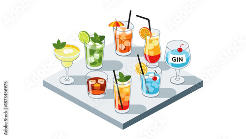 Colorful assorted cocktails on modern platform with garnishes