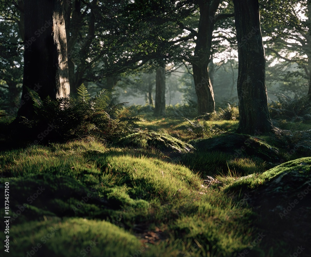 Fototapeta premium A shot of a mystical ancient forest, with thick green moss covering tree roots and rolling mounds. Sunbeams filtered through dense tree canopies, soft morning mist, and vibrant green foliage.
