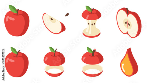 Isometric red apple icons set with slices and core on white background