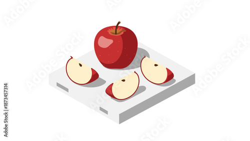 Red apple and slices on white platform in isometric design