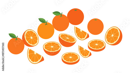 Fresh citrus delight: whole and sliced oranges with leaves in a vibrant flat design