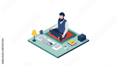 Remote work meditation: isometric home office with yoga practice