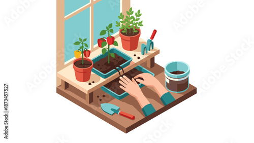 Isometric indoor gardening scene with hands planting herbs and vegetables by a window