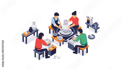 Isometric artisans crafting pottery in studio setting with precision tools
